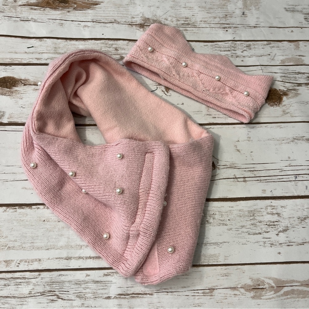 Pink‎ Pearls Crown Knit Headband Earwarmer Scarf Set